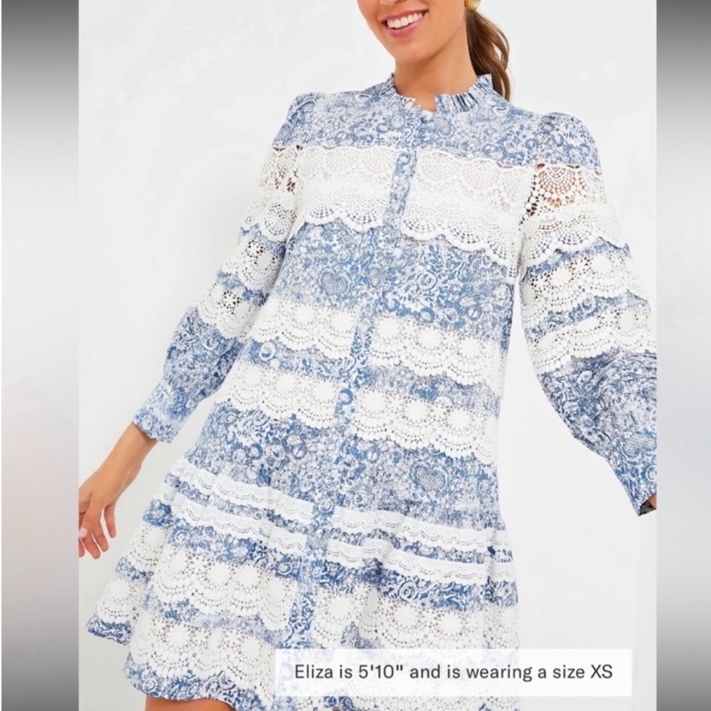 HYACINTH HOUSE

Lace Trim Blue Etched Floral Emmie Mini Dress